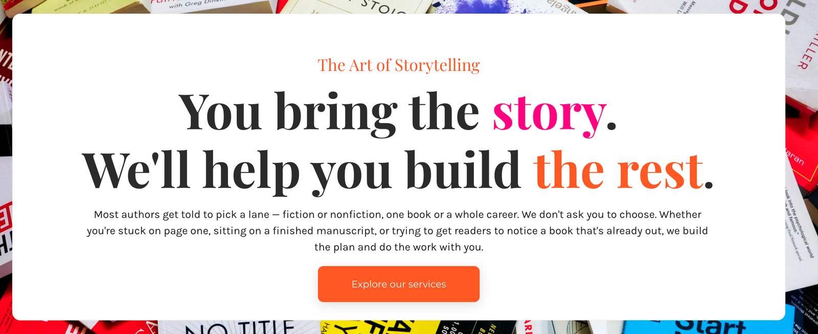The Art of Storytelling services grid, including marketing strategy and self-publishing