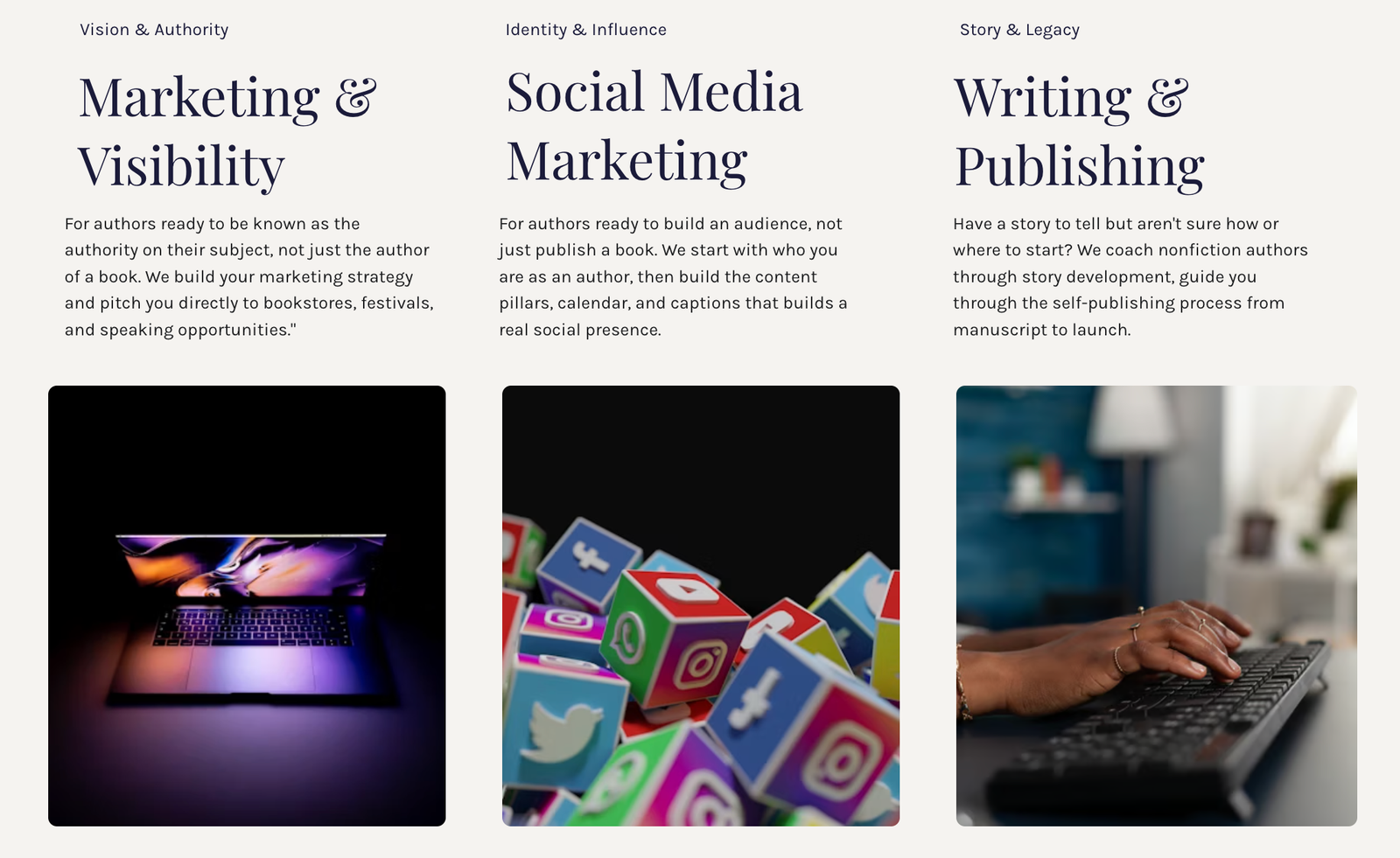 The Art of Storytelling services grid, including marketing strategy and self-publishing
